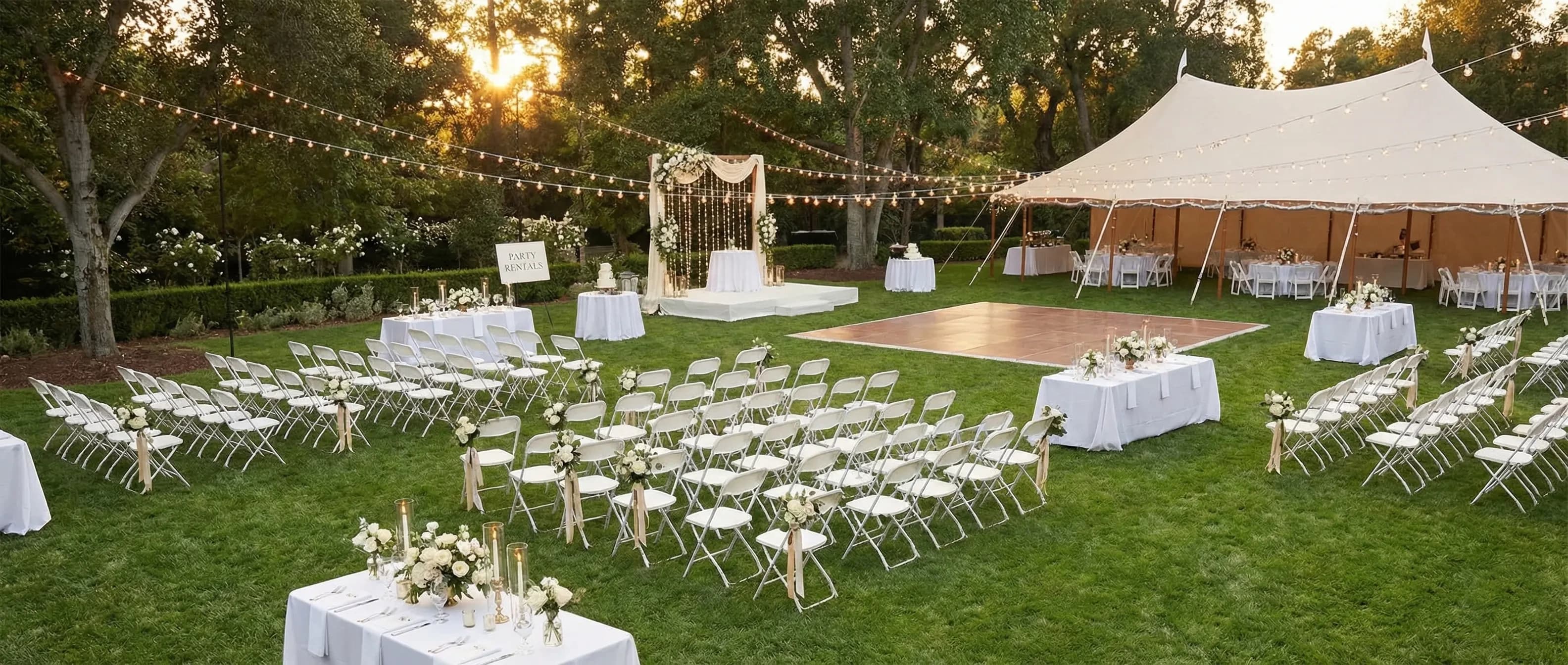 White folding chairs arranged around an outdoor dinner table