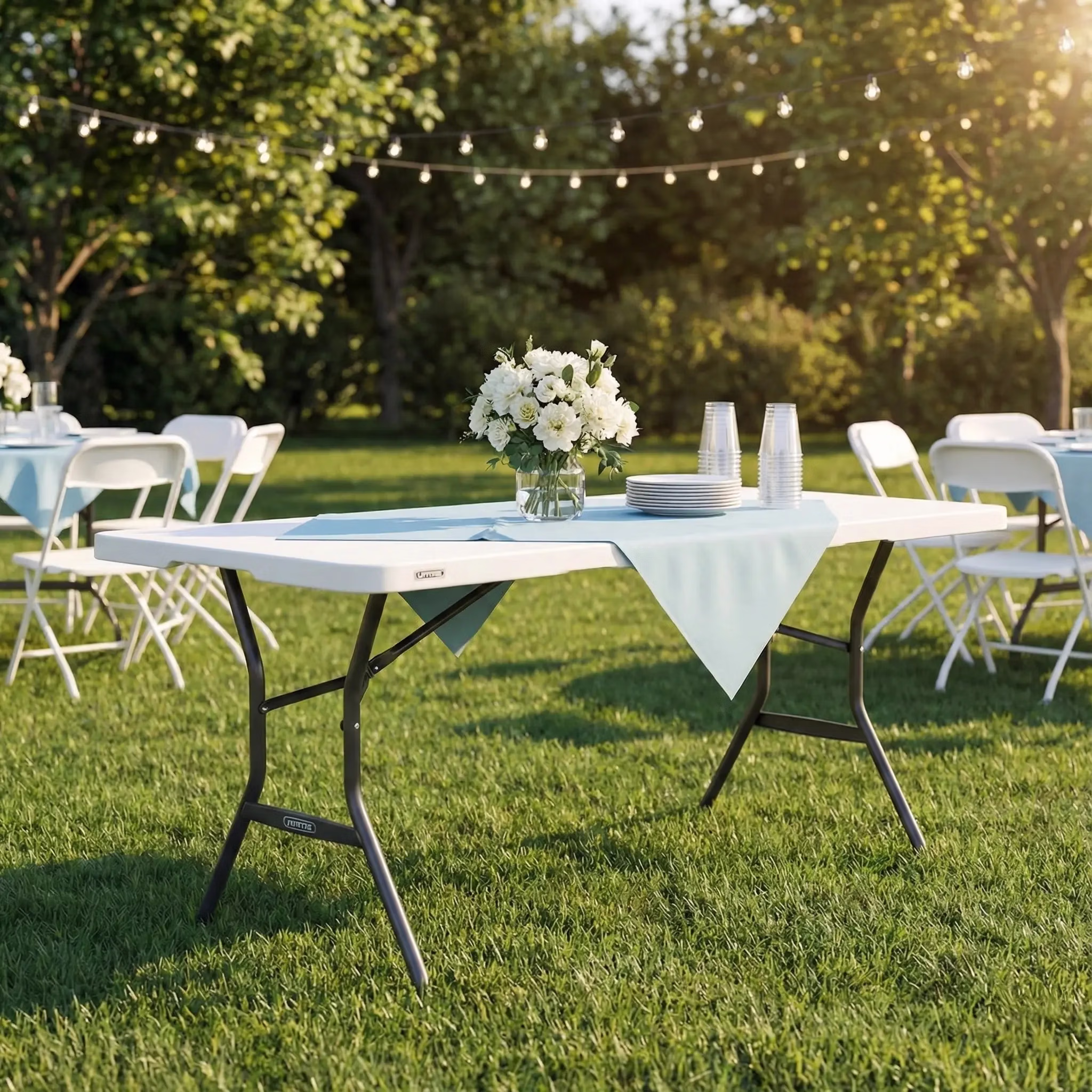 White folding chairs and a dressed banquet table in a garden
