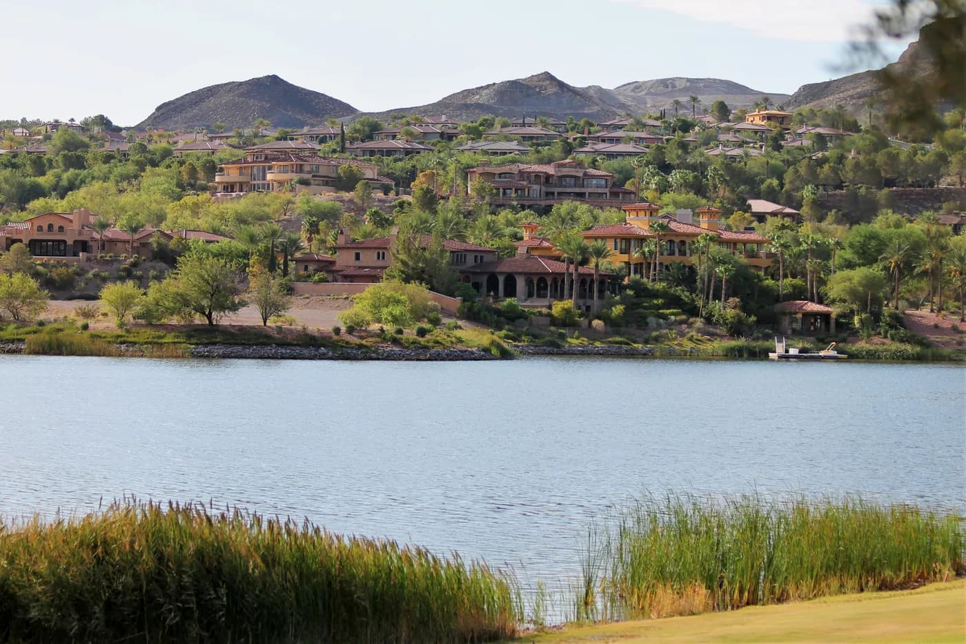 Waterfront homes and desert hills across Lake Las Vegas